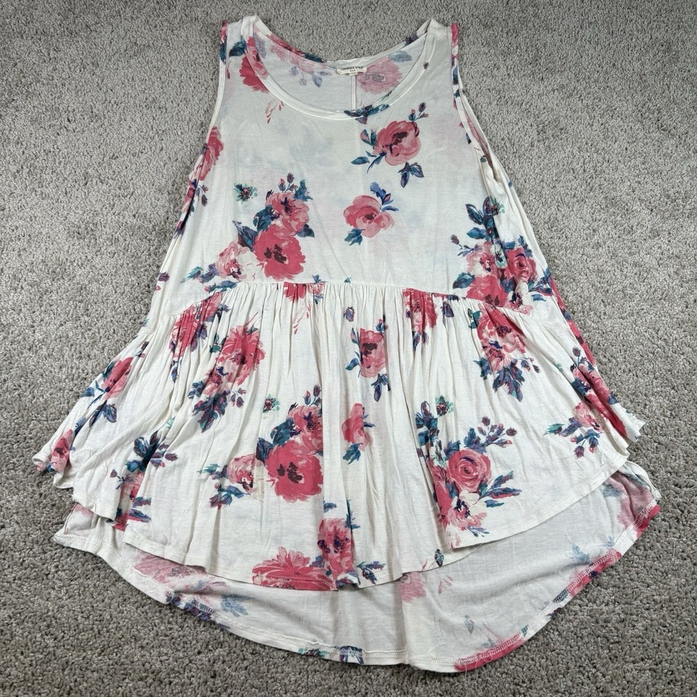 Sweet Pea Floral Sleeveless Babydoll Dress‎ High Low Hem White Pink Roses Small